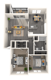 a 3d floor plan of a 2 bedroom apartment