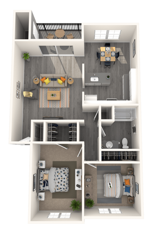a 3d floor plan of a 2 bedroom apartment