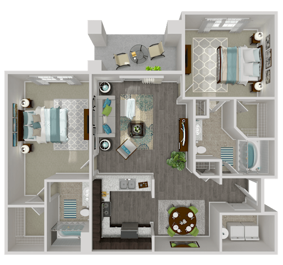 A 3D floor plan of a house with a kitchen, living room, and bathroom.