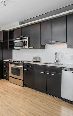 Renovated kitchen with granite countertops and stainless steel appliances at Lex and Leo at Waterfront Station, Washington, DC 20024