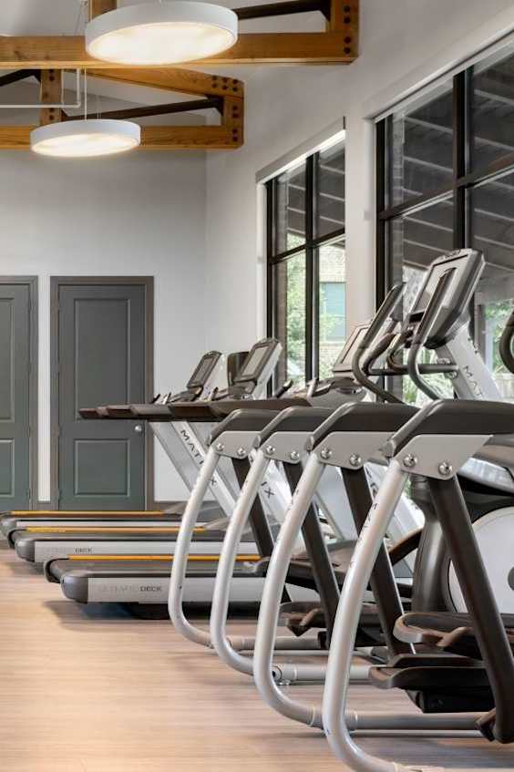 A gym with a variety of equipment including treadmills, weights, and exercise machines.