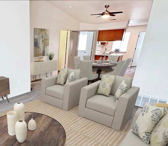 a living room with a couch and a table