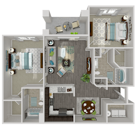 A 3D floor plan of a house with a kitchen, living room, and bathroom.
