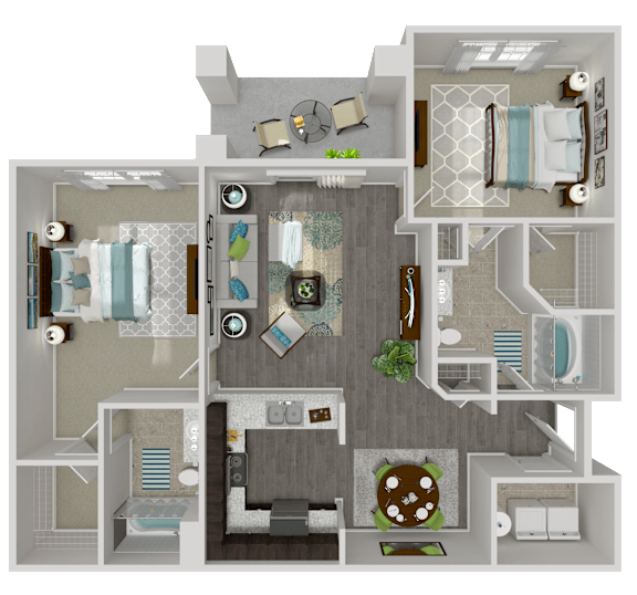 A 3D floor plan of a house with a kitchen, living room, and bathroom.