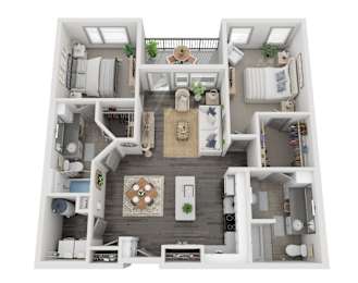 A 3D floor plan of a small apartment with a kitchen, living room, and two bedrooms.