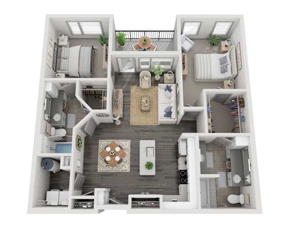 A 3D floor plan of a small apartment with a kitchen, living room, and two bedrooms.