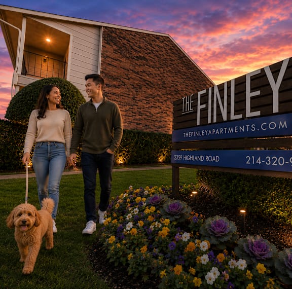 A man and woman walking a dog in front of a sign that says "The Finley Apartments".