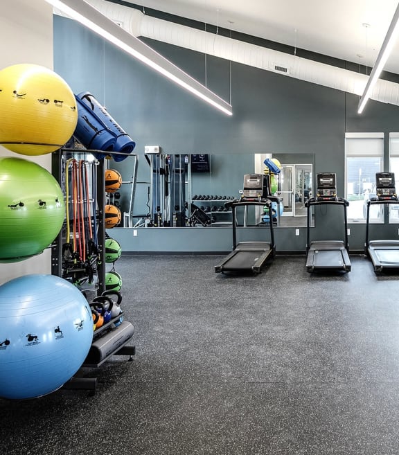 a gym with cardio equipment and weights on the floor