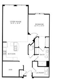 A floor plan of a one bedroom, one bathroom den.