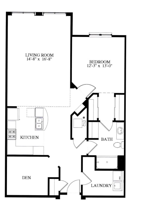 A floor plan of a one bedroom, one bathroom den.