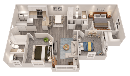 A 3D floor plan of a house showing a living room, kitchen, and bedrooms.