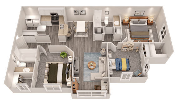 A 3D floor plan of a house showing a living room, kitchen, and bedrooms.