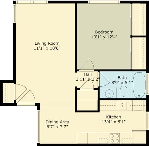 Floor Plan  A floor plan for a one bedroom apartment at 850 Roble Avenue, Unit H, Menlo Park, Ca 94025.