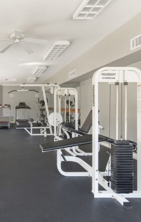 a gym with weights and cardio machines and a ceiling fan