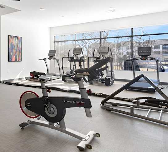 A gym with a variety of exercise equipment including a rowing machine, a treadmill, and a weight bench.