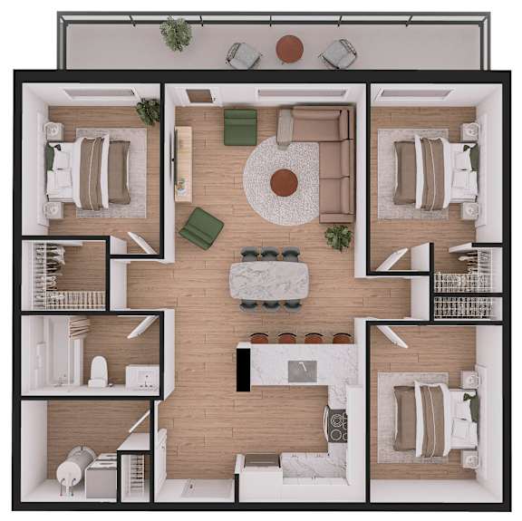 A floor plan of a house with a central courtyard and four bedrooms.