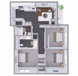 bedroom floor plan and rendering of a 2100 sq ft apartment