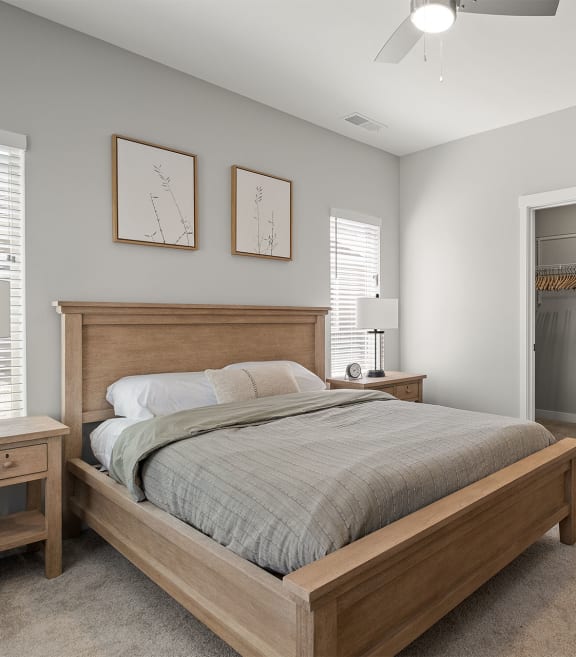 a bedroom with a bed and a closet