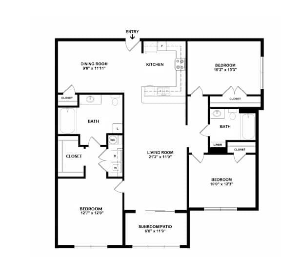 A floor plan of a house with a living room, two bedrooms, a bathroom, a kitchen, a dining room, a closet, and a sunroom.