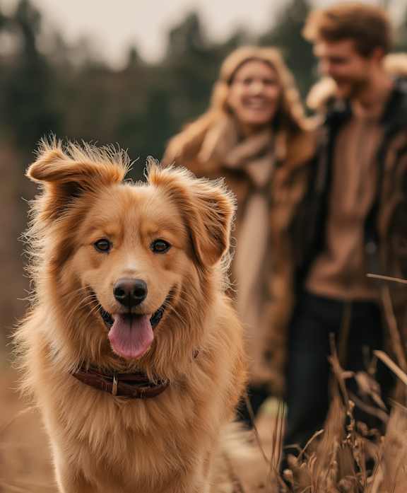 A happy dog is in the foreground with a man and woman walking in the background.