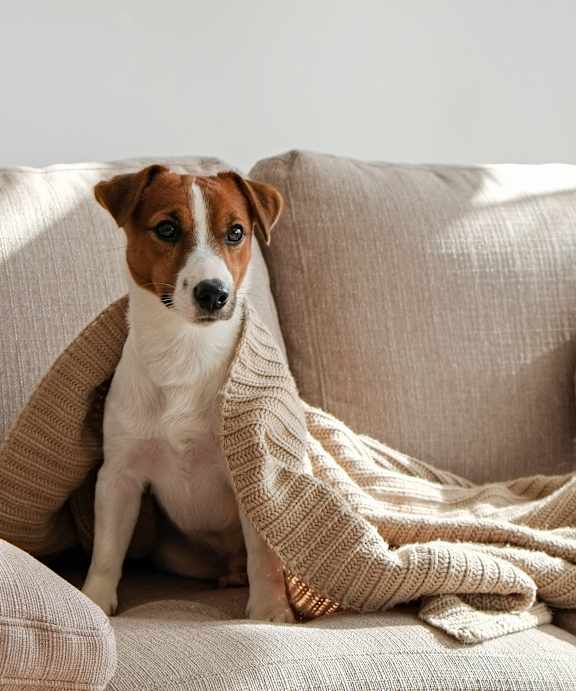 A dog is sitting on a couch covered with a blanket.