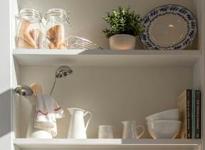 A white shelf with various items including plants, books, and containers.