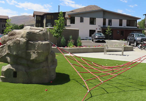 a hammock in the middle of a yard with rocks