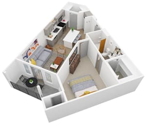 A 3D image of a house layout with a kitchen, living room, and bathroom.
