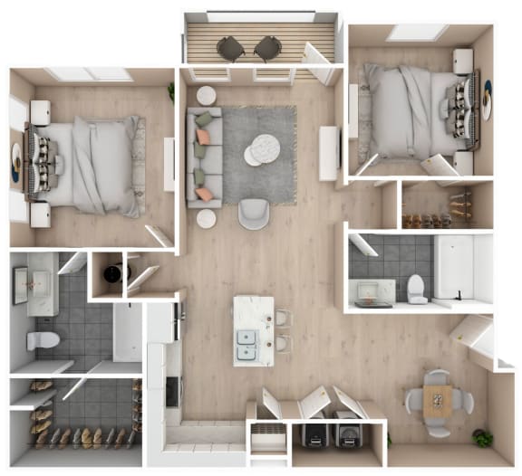 2 bedroom, 2 bathroom floor plan at Audubon Park Apartment Homes in Zachary, LA