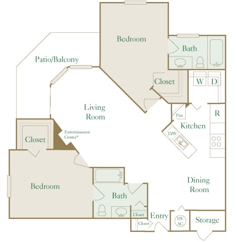 Egrets Landing Apartments - B2 (Seabreeze) - 2 bedrooms and 2 bath - 2D floor plan