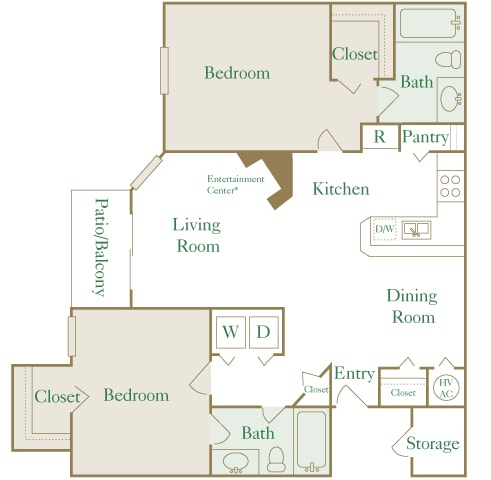 Egrets Landing Apartments - B1 (Egret) - 2 bedroom and 2 bath - 2D floor plan