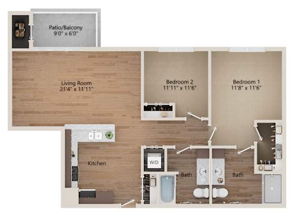A floor plan of a home with a living room, kitchen, two bathrooms and two bedrooms.