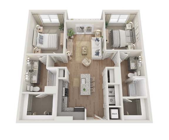 A floor plan for a 1098 square foot home with two bedrooms and two bathrooms.