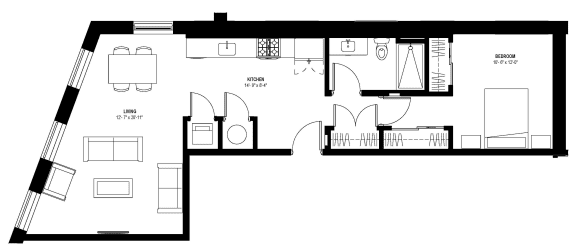 1 bed 1 bath floor plan P at Glassworks, Pennsylvania