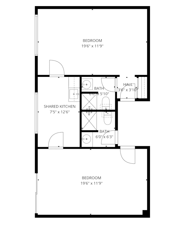 A floor plan of an apartment with two bedrooms, a shared kitchen, and two bathrooms.