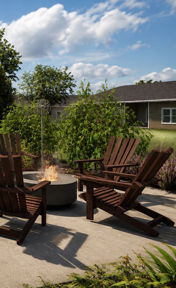 A patio with a grill and chairs is shown.