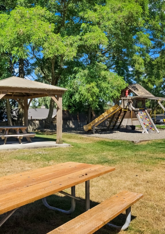 a picnic area with a picnic table and a gazebo in a park