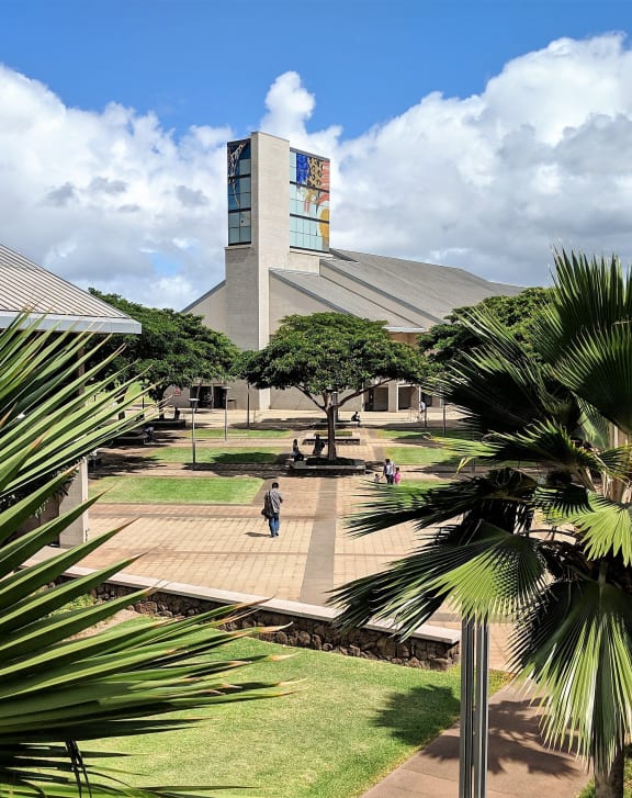a park with palm trees and a building with a clock tower