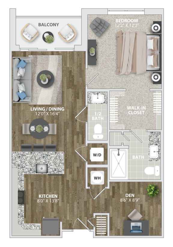 Floor Plan  one bedroom apartment and den  at Woodmore Grand, Bowie, 20721