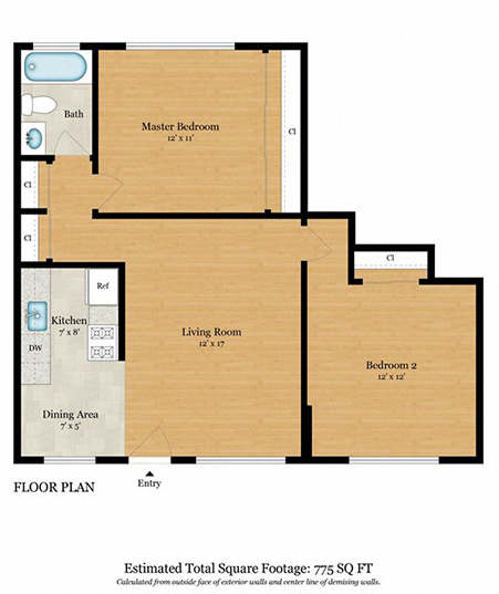 A floor plan of a house with a total estimated square footage of 905.
