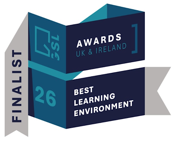 A graphic showing a blue ribbon with the text "Finalist" and "26" on it, and a blue box with the text "Awards UK & Ireland" and "Best Learning Environment".
