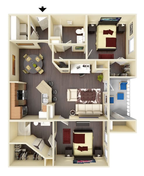 989 Square-Feet 2 Bedroom 2 Bathroom Mesquite Floor Plan Unit at Residence at Midland in Midland, TX