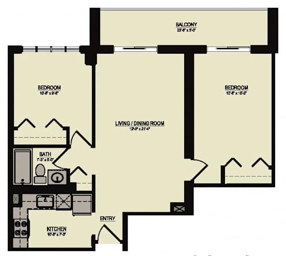 A floor plan of a house with a balcony, two bedrooms, a living/dining room, a kitchen, and a bathroom.