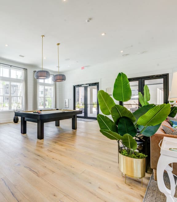 a living room with a pool table in the center of it at Residences at 393 North Apartments, Santa Rosa Beach, Florida