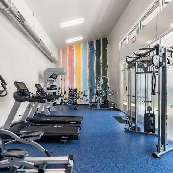 a gym with cardio machines and weights on a blue floor at SECOND AVE COMMONS | BRAND-NEW, Mesa, AZ, 85210