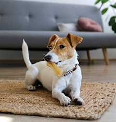 A small dog with a yellow collar is sitting on a rug.