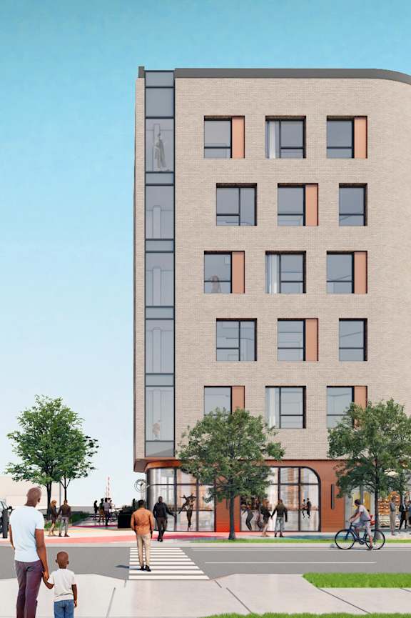 A rendering of a modern apartment building with people walking around it.