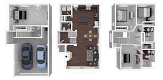 Three different floor plans of a house with a garage and a living room.