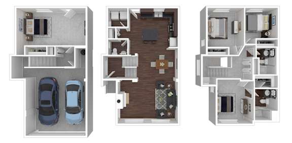Three different floor plans of a house with a garage and a living room.