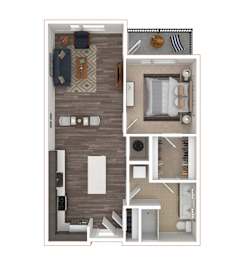 A floor plan of a small apartment with a kitchen, living room, and bathroom.